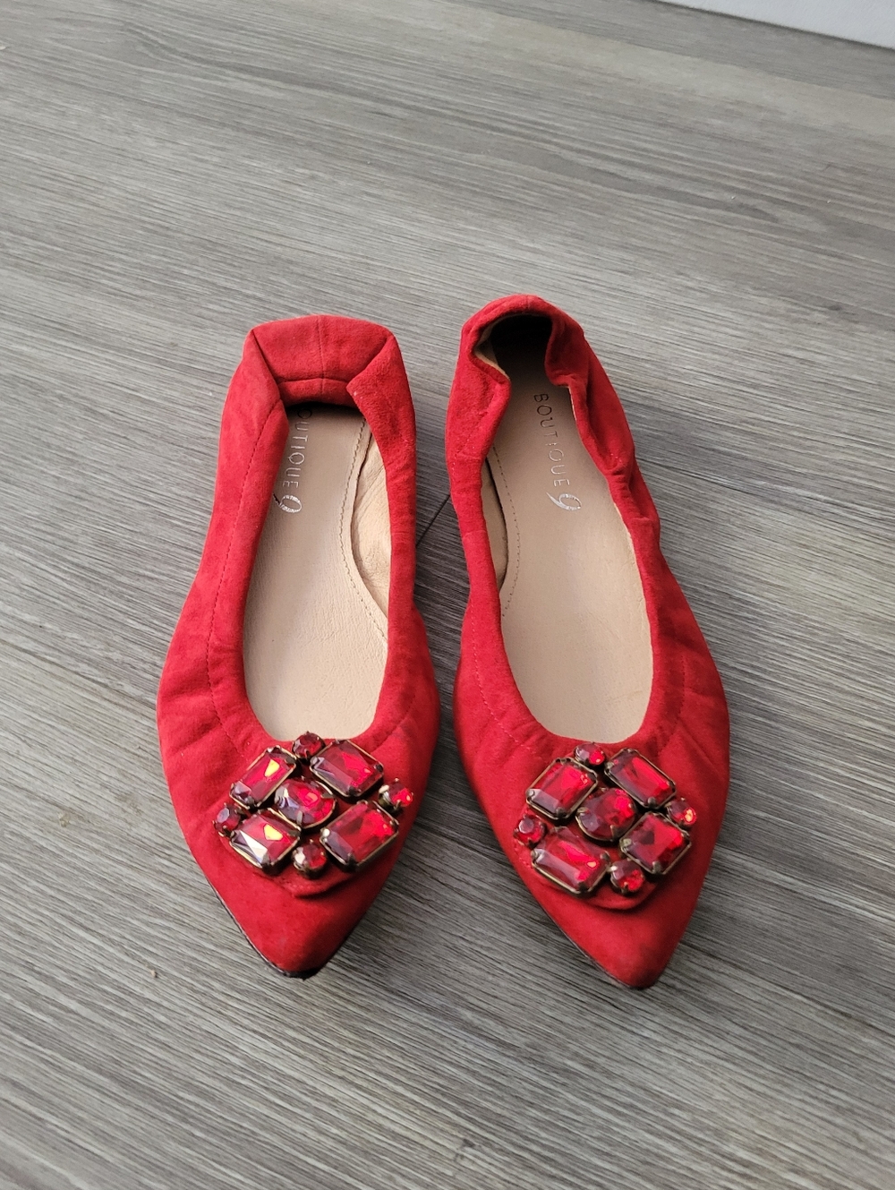 Boutique 9 Red Leather Suede Embellished Pointed Toe Ballet Flats Size 8.5